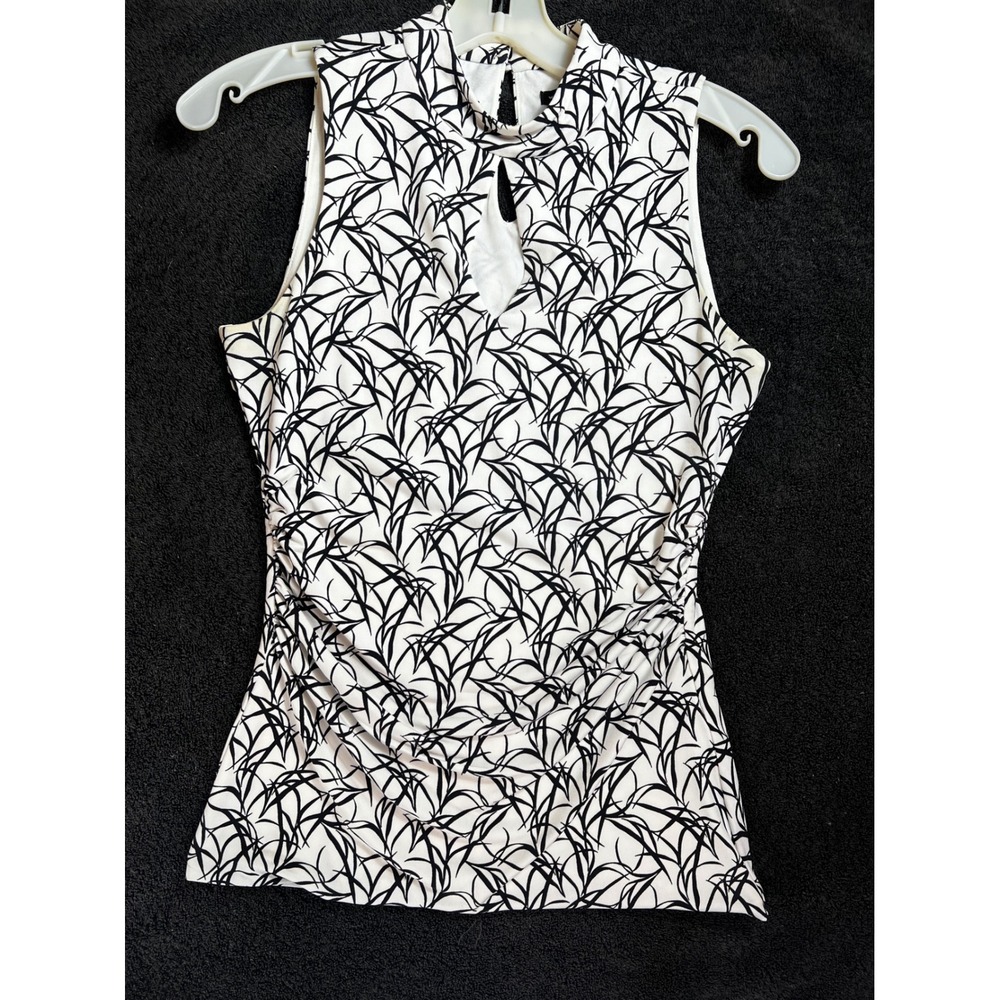 White House Black Market Sleeveless Mock Neck Keyhole‎ Top XXS Black White Print